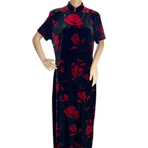 Vtg Exclusively For You Lord Taylor Velvet Dress Floral Asian Stretch